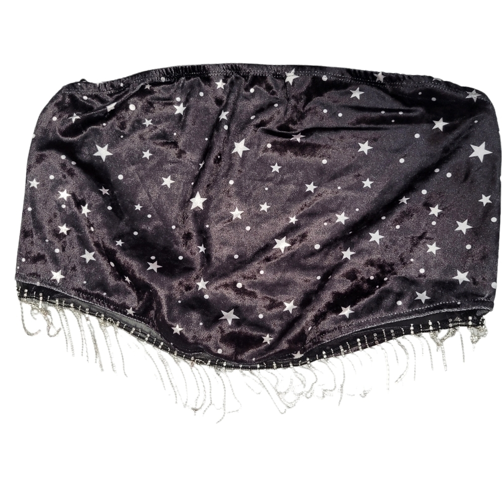Shein Black Velvet Star Print Embellished Crop Top